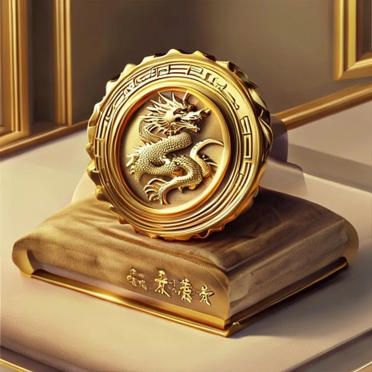 A polished, golden imperial seal featuring a dragon emblem, resting on a velvet cushion, symbolizing leadership and authority.
