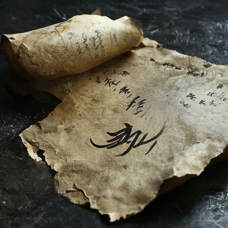 A single, ancient scroll, partially unrolled, displaying a calligraphic rendering of the Chinese character for 'Dragon' (龙), symbolizing wisdom and historical depth.