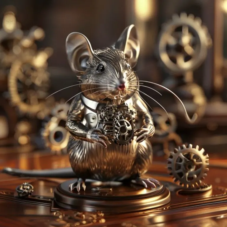 Una figurilla de rata metálica sobre un escritorio de madera, rodeada de brújulas y engranajes miniatura, simbolizando la estrategia y la precisión del signo.