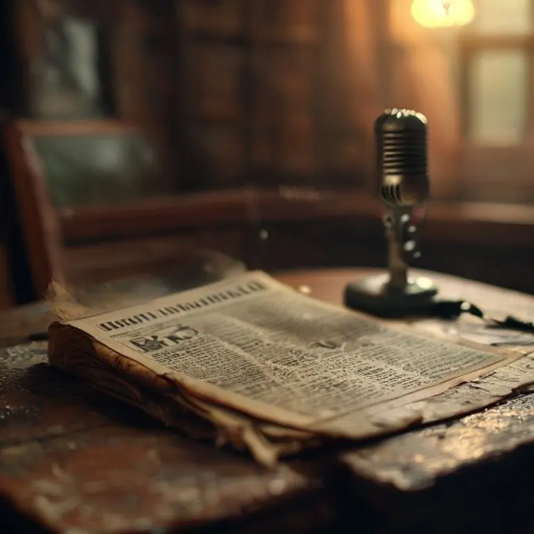 Primer plano de un recorte de periódico vintage con titulares borrosos sobre un fenómeno musical, junto a un micrófono antiguo sobre un escritorio de madera. La iluminación es suave y dramática, con poca profundidad de campo.