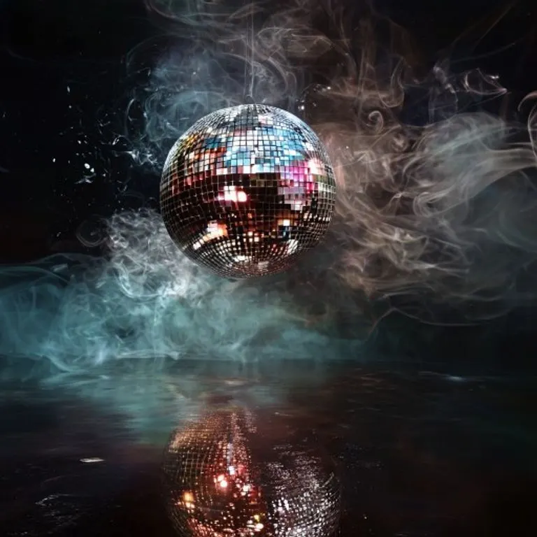 Arte conceptual abstracto de una bola de discoteca rota y brillante, reflejando luces fragmentadas sobre un escenario oscuro y vacío, envuelta en humo etéreo. Simboliza un legado que perdura a pesar de los desafíos.