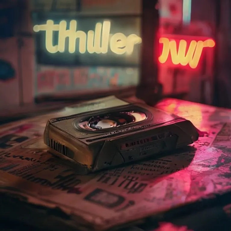 Cinta de cassette vintage con la etiqueta Thriller sobre una revista MTV de los 80, simbolizando el impacto mediático del álbum.