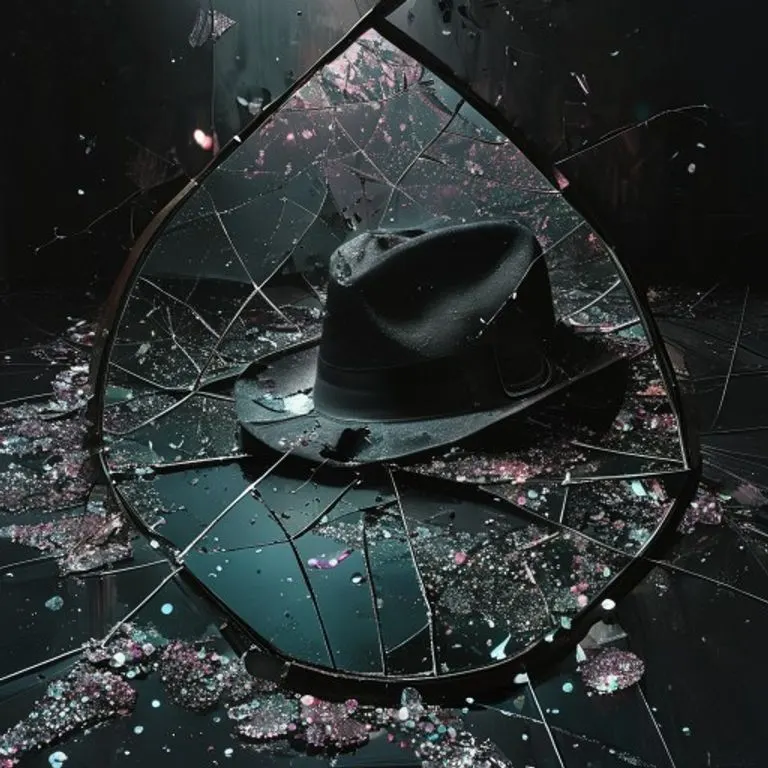 Espejo roto reflejando fragmentos de una pista de baile, con lentejuelas esparcidas y un fedora iluminado, simbolizando un legado fragmentado.
