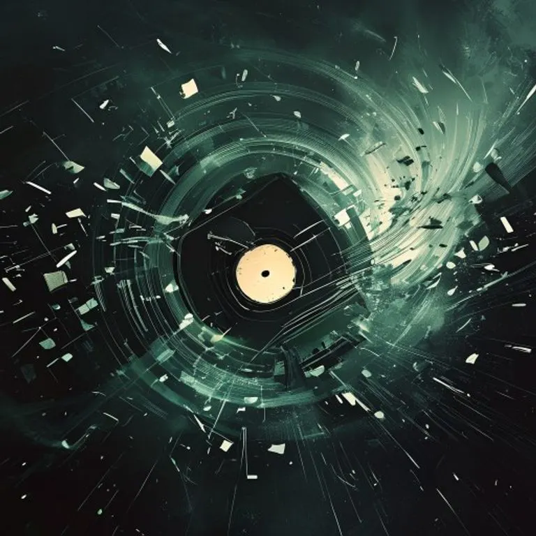 Representación conceptual de ondas sonoras rompiendo una cinta de cassette y un CD fragmentado, simbolizando la fuerza disruptiva de la música.