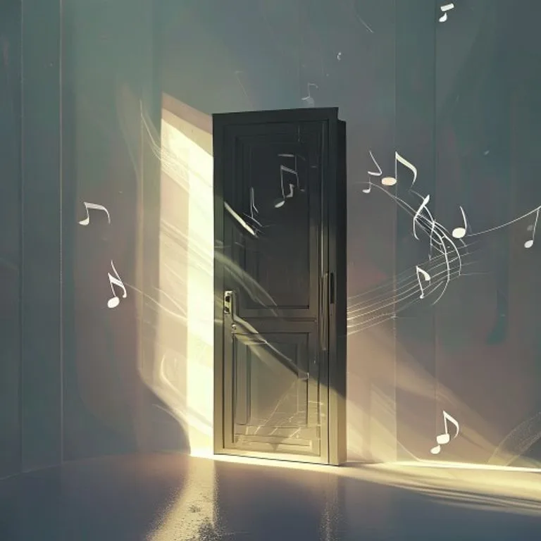 Ilustración 3D de una puerta de armario entreabierta con luz etérea y notas musicales flotando, simbolizando el misterio de 'In The Closet'.