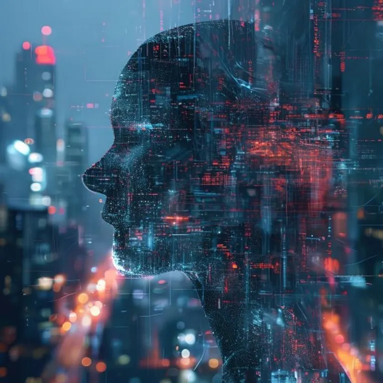 A fragmented human silhouette against a digitally glitched urban background, symbolizing the complex interplay of identity and digital privacy.