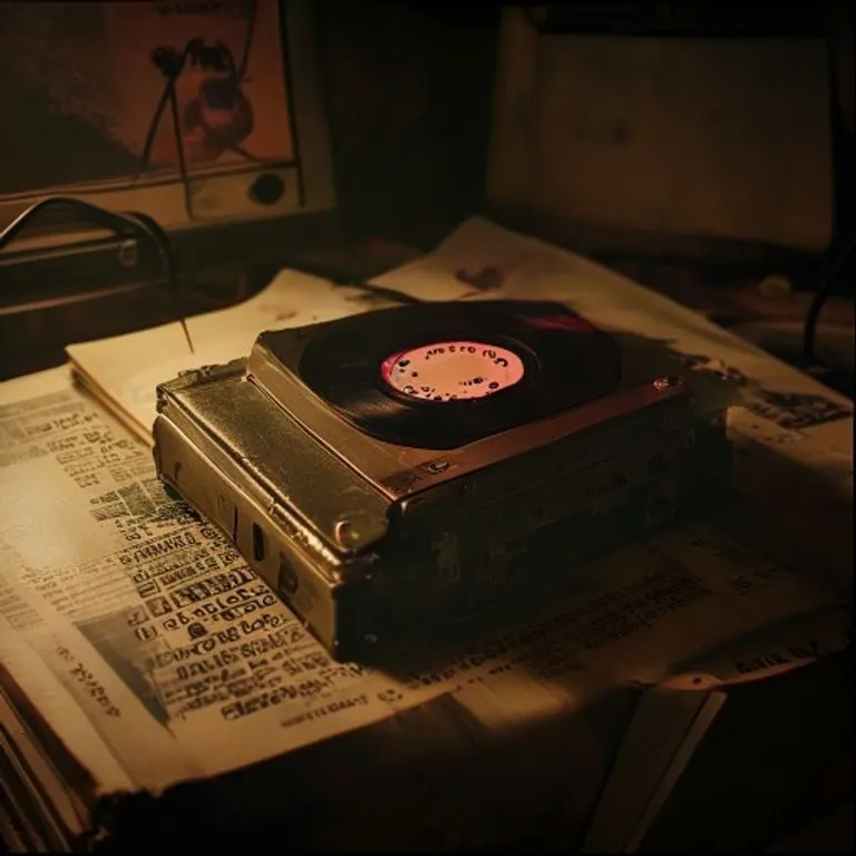A vintage cassette tape labeled 'Blood on the Dance Floor' resting on a stack of blurred music magazines, illuminated by a single spotlight, symbolizing media scrutiny and artistic creation.