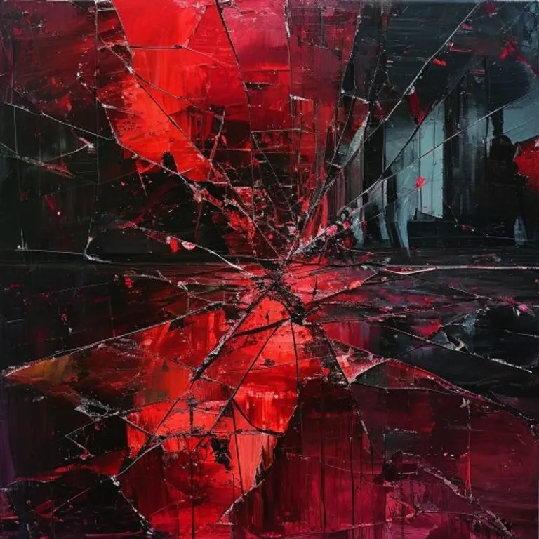 A shattered mirror reflecting fragmented images of a dance floor, with crimson paint streaks, symbolizing betrayal and danger.