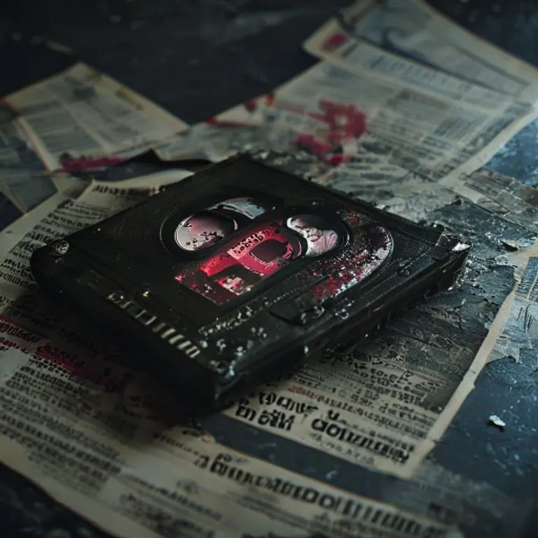 Una cinta de casete desgastada con la etiqueta 'Blood on the Dance Floor' descansa sobre una superficie oscura y reflectante, rodeada de recortes de periódicos descoloridos de finales de los 90 que abordan comentarios sociales y el escrutinio mediático. Iluminación dramática y poca profundidad de campo.