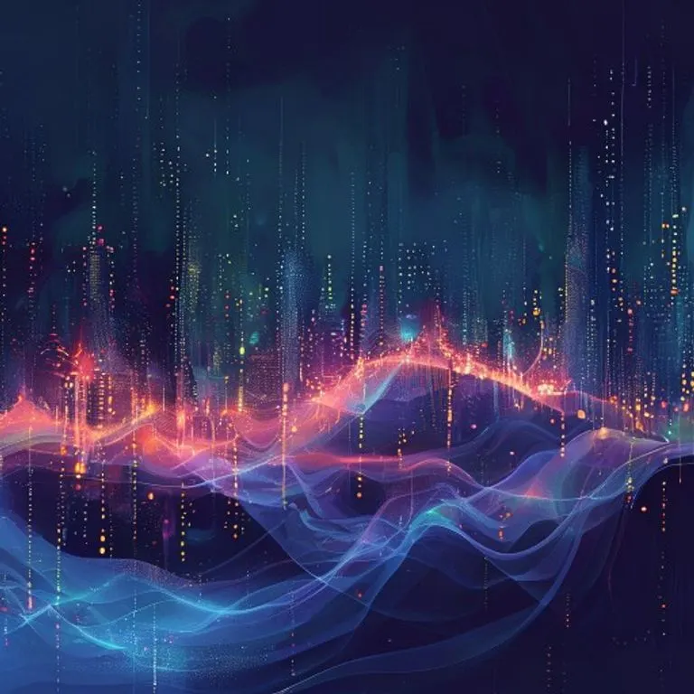 Ilustración digital abstracta de ondas sonoras entrelazadas con luces de ciudad nocturnas, representando la exploración urbana y la profundidad emocional de la canción.