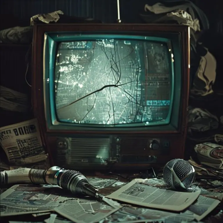 A vintage 1990s television screen displaying static, surrounded by crumpled tabloid newspapers with sensational headlines, a broken microphone lying nearby, all under harsh, dramatic lighting, reflecting public scrutiny and media chaos. Macro shot.
