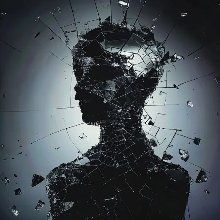 A shattered glass mosaic forming a distorted silhouette of a human figure, against a stark, minimalist background, symbolizing broken trust and the fragmentation of an identity under intense pressure. Dark, reflective tones.