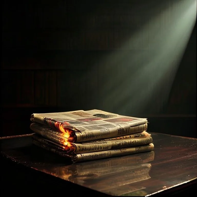 Primer plano de un montón de periódicos amarillentos con titulares sensacionalistas y bordes quemados, iluminados por un foco dramático en un escritorio oscuro.