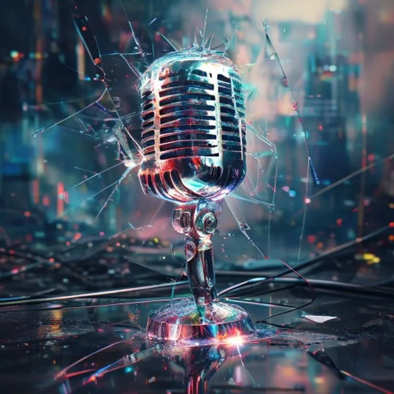 Un micrófono de cristal roto en un escenario futurista y desolado, con reflejos de luz fragmentados y un fondo abstracto que simula una tormenta mediática.