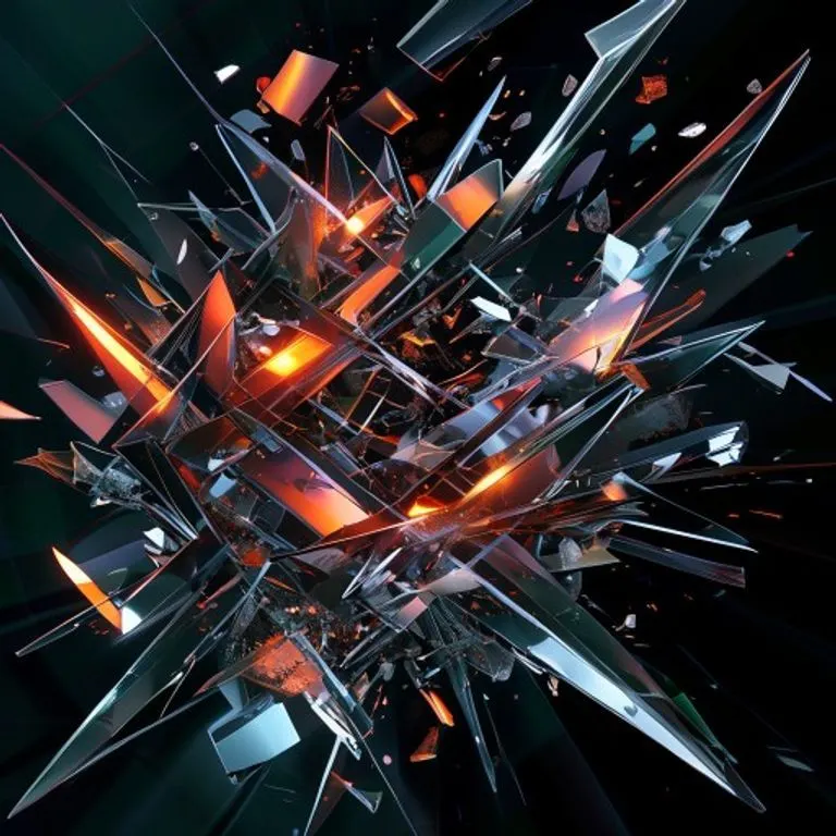 An abstract art piece depicting shattered glass shards and metallic fragments arranged dynamically over a dark, pulsating rhythm graphic, symbolizing the industrial sound and edgy themes of the 'Dangerous' track. Digital 3D illustration.