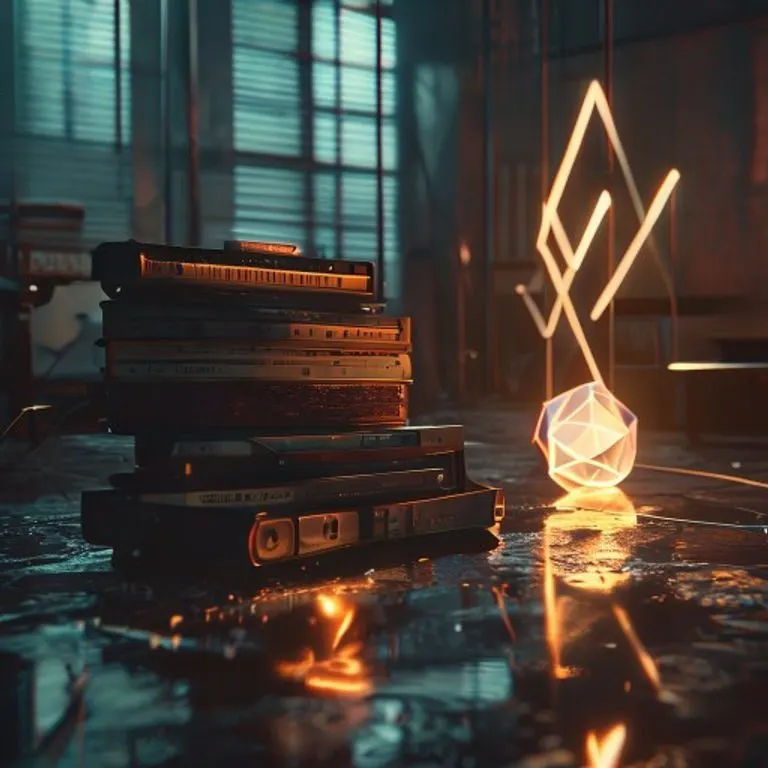 Un estudio de grabación con luces abstractas, cintas de audio vintage y una escultura geométrica, simbolizando la fusión de arte y tecnología musical.