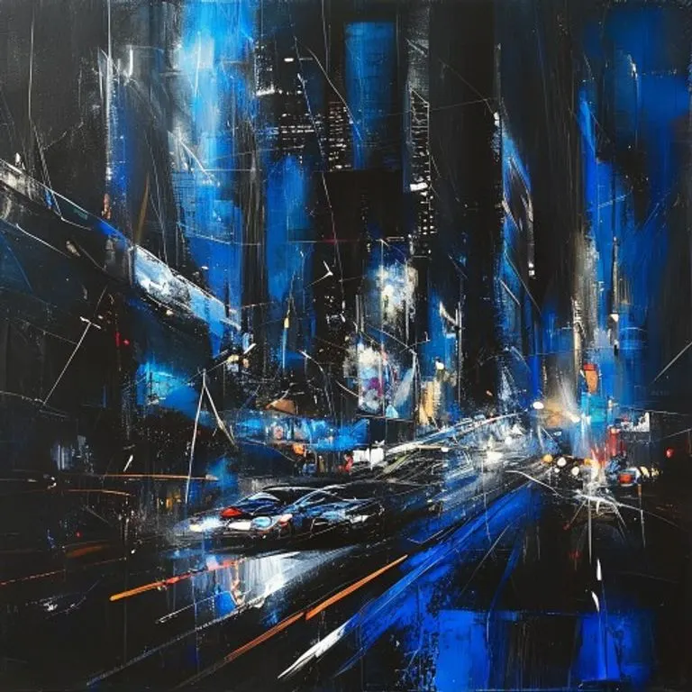 Una pintura al óleo abstracta de una escena urbana nocturna con elementos arquitectónicos angulares y colores eléctricos, evocando el sonido New Jack Swing.