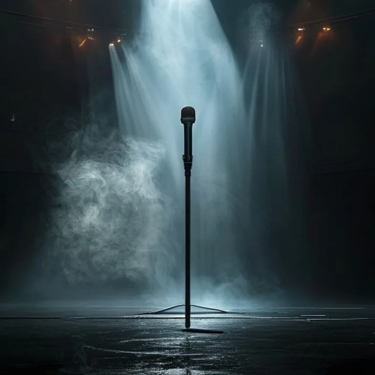 A single microphone stand illuminated by a dramatic spotlight on an empty stage, symbolizing the solitude and intensity of a performer's life.