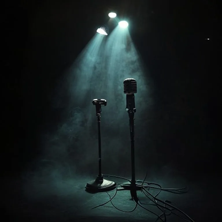 Primer plano de un micrófono de los años 80 en un escenario oscuro, capturando la atmósfera de un concierto de rock. Las luces tenues resaltan la textura metálica del micrófono.