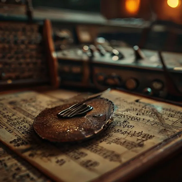 A worn leather guitar pick rests on a vintage amplifier, surrounded by dimly lit sheet music with rock chords.