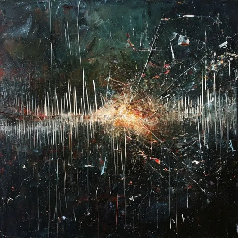 An abstract oil painting depicting sound waves colliding with a shattered mirror, rendered in dark, moody colors.