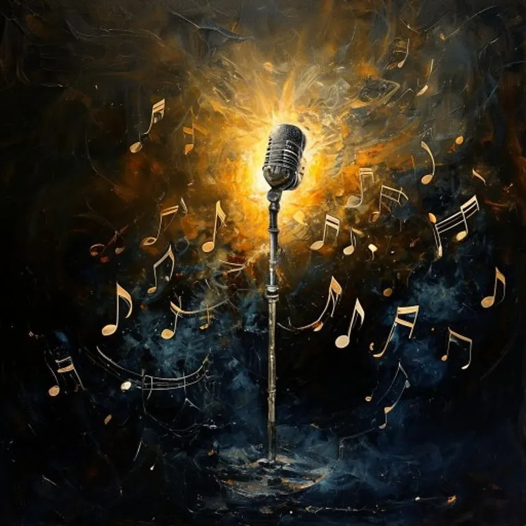 Una representación artística de un escenario de concierto de rock, con luces intensas, humo y una silueta de un artista en el centro, capturando la atmósfera vibrante y enérgica.