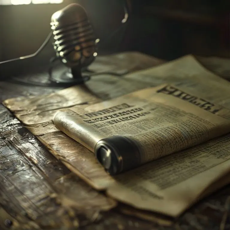 A vintage newspaper with a blurred headline about social change, lying on a worn wooden desk next to a retro microphone, bathed in soft, dramatic light.