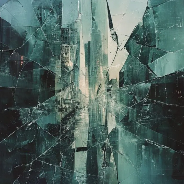 Shattered mirror fragments reflecting a distorted urban landscape, with faint, ethereal light filtering through the cracks, symbolizing introspection and societal brokenness.