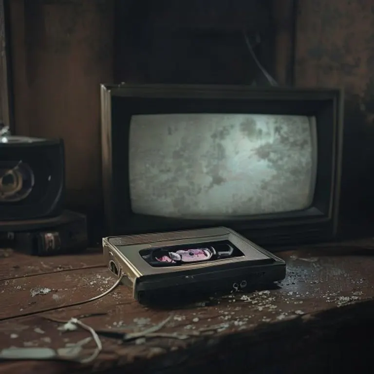 Una cinta de casete vintage, parcialmente desenrollada, sobre un escritorio de madera, con una televisión de tubo antigua en segundo plano mostrando noticias granuladas, en un estilo cinematográfico oscuro.