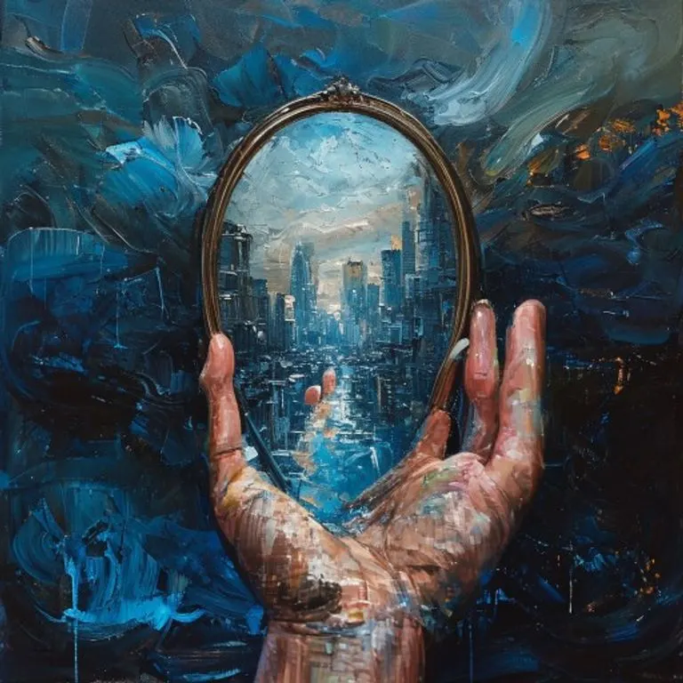 Un espejo de mano antiguo reflejando una ciudad abstracta, con pinceladas de colores fríos, en un estilo de pintura al óleo conceptual, con una iluminación dramática.