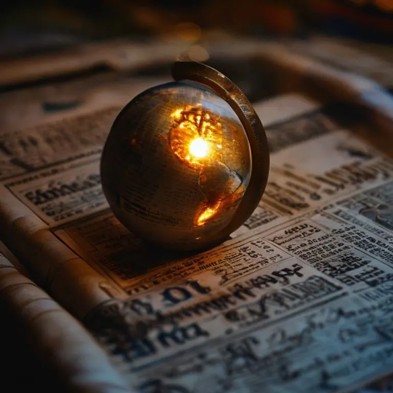 Representación cinematográfica de un globo terráqueo con un punto de luz brillante, rodeado de noticias antiguas sobre ayuda humanitaria, simbolizando el impacto global de la canción.