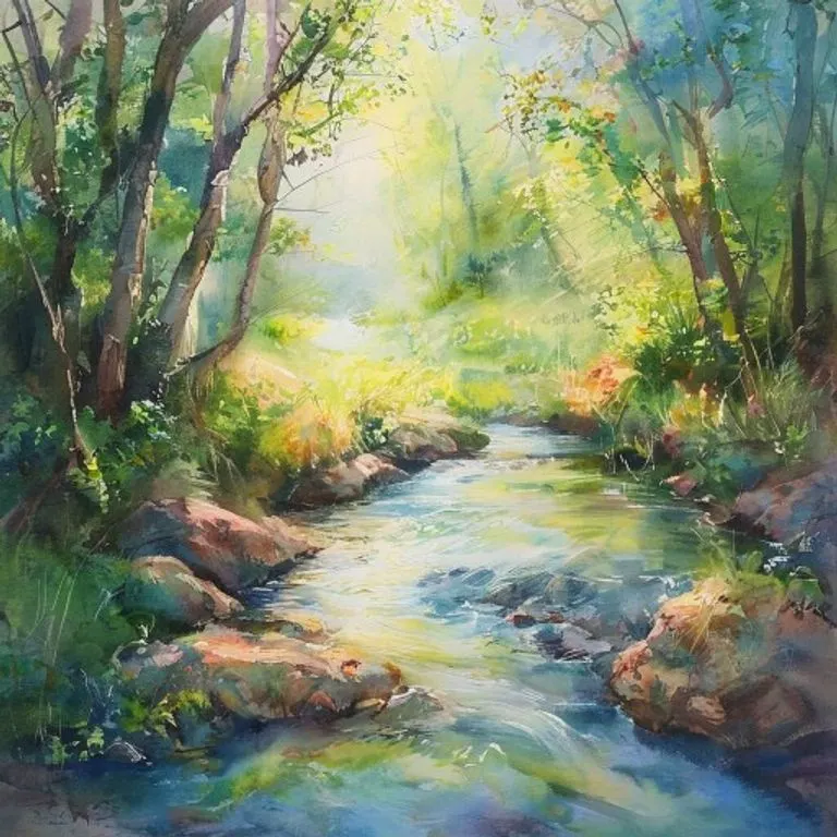 Pintura de acuarela que muestra un río sereno fluyendo a través de un bosque exuberante, con la luz del sol atravesando las hojas nuevas, representando la sanación y la renovación de la naturaleza.