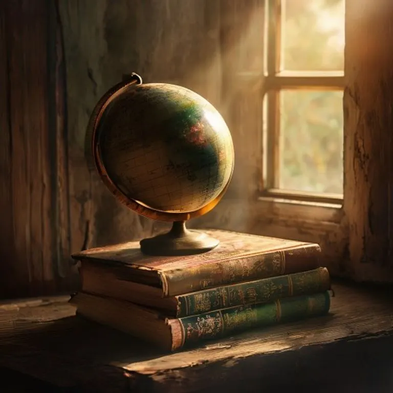 Un globo terráqueo antiguo y gastado reposando sobre una pila de libros infantiles de tapa dura, con una luz cálida que entra por una ventana, simbolizando la educación global y la fragilidad de la infancia.