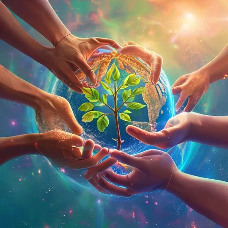 Ilustración 3D de manos entrelazadas de diferentes tonos de piel formando un círculo protector alrededor de un pequeño brote brillante, con el planeta Tierra al fondo, simbolizando la unidad global y el cuidado del medio ambiente.