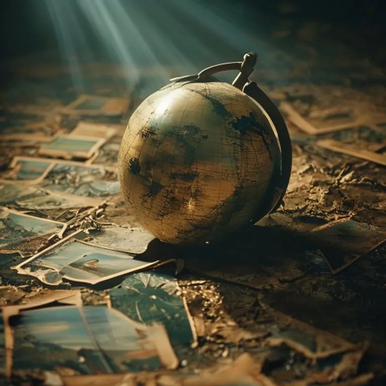 Un globo terráqueo antiguo y desgastado, con grietas visibles en su superficie, rodeado de fotografías descoloridas que muestran paisajes naturales devastados y chimeneas industriales emitiendo humo. La escena está iluminada por una luz dramática que resalta los detalles del daño ambiental. Fotografía macro con poca profundidad de campo.