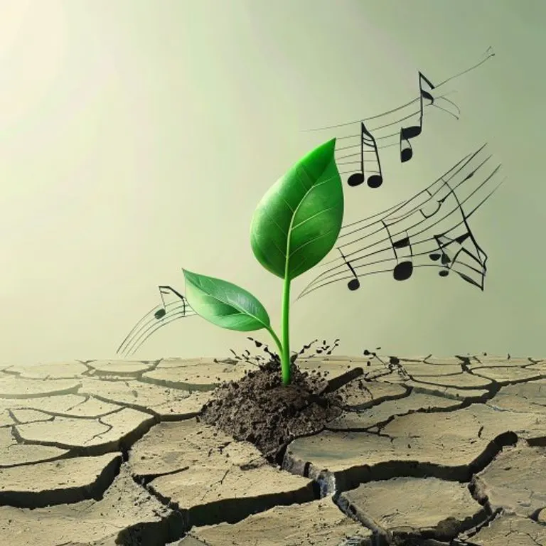 Una ilustración digital 3D que muestra un pequeño y vibrante brote verde emergiendo de una tierra agrietada y árida. Alrededor del brote, líneas abstractas y fluidas de notas musicales se entrelazan, simbolizando la esperanza y el poder curativo del arte. El fondo es limpio y minimalista, destacando el contraste entre la desolación y la vida que renace.