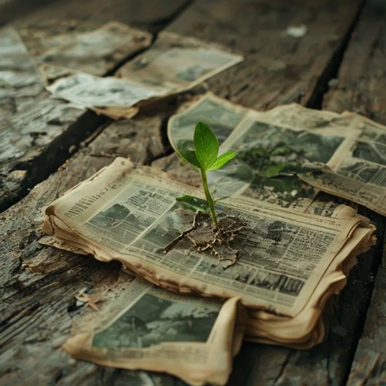 Recortes de periódicos y fotografías antiguas sobre un escritorio de madera, con un brote verde emergiendo, simbolizando la destrucción y la esperanza en el contexto de 'Earth Song'.
