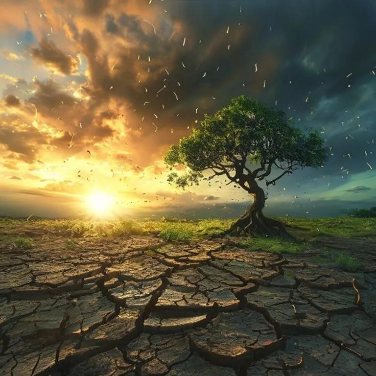 Ilustración 3D de un paisaje terrestre árido que se transforma en vegetación exuberante bajo un cielo dramático, simbolizando la curación y la esperanza del planeta.