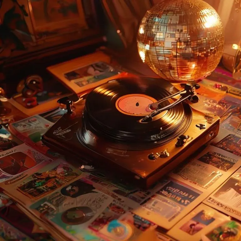 Tocadiscos vintage con un disco de vinilo girando, rodeado de revistas musicales de los años 70, evocando la producción analógica de 'Off the Wall'.