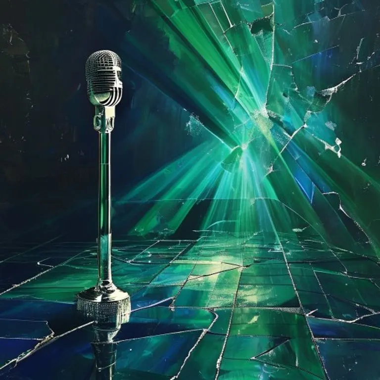 Rayos láser verdes y azules fragmentados en un espejo roto, simbolizando la estética del video musical de 'Rock with You' y su impacto visual.