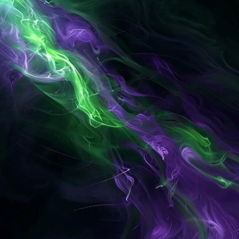 Ilustración digital abstracta de patrones de luz láser verde y morado en un ambiente ahumado, simbolizando la energía y el ritmo de la música disco y la conexión universal a través del baile.