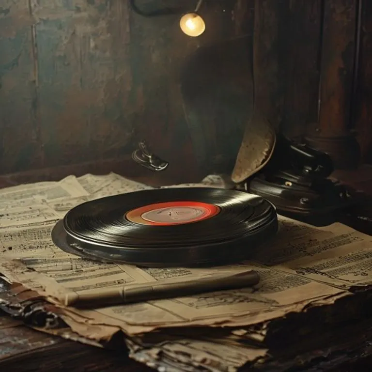 Una etiqueta de disco vintage de Motown, desgastada, sobre un gramófono de madera antiguo con partituras y una luz de escenario tenue.