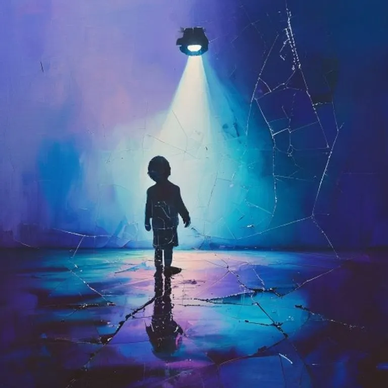 Una silueta de juguete de niño rota, con reflejos fragmentados de un vasto escenario de concierto vacío bajo un foco solitario, simbolizando la inocencia perdida y la presión de la vida pública.