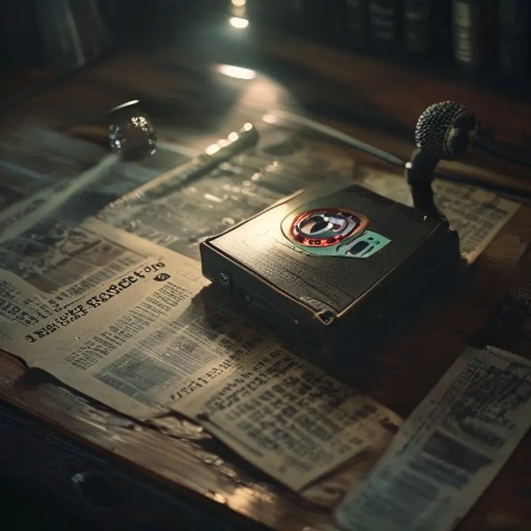 Una cinta de cassette antigua del álbum HIStory de Michael Jackson, rodeada de periódicos con titulares borrosos, simbolizando el impacto mediático y la narrativa de la época.