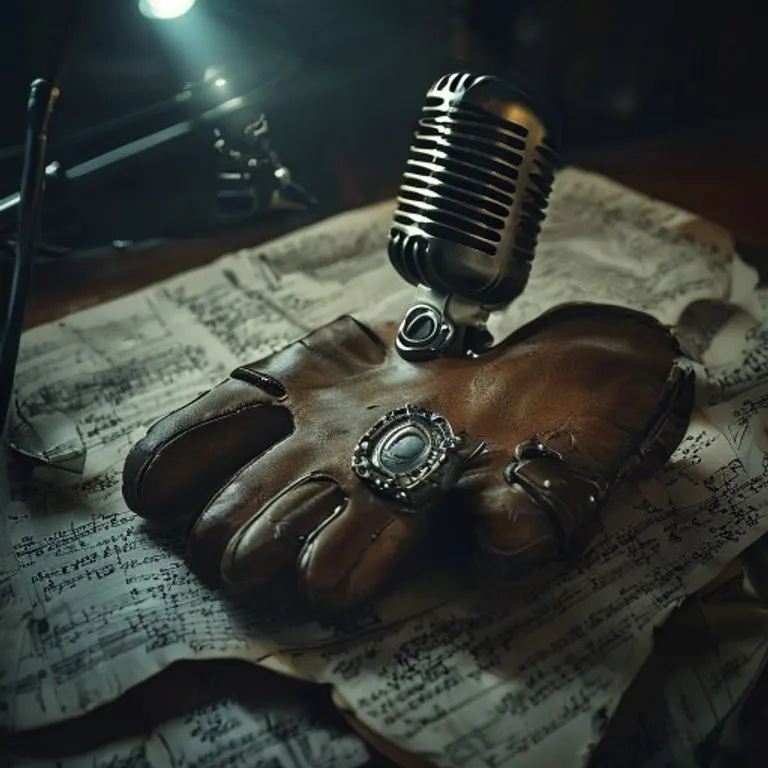 Representación artística de un guante de cuero con hebillas sobre un micrófono vintage, con partituras y notas manuscritas, bajo una luz dramática.