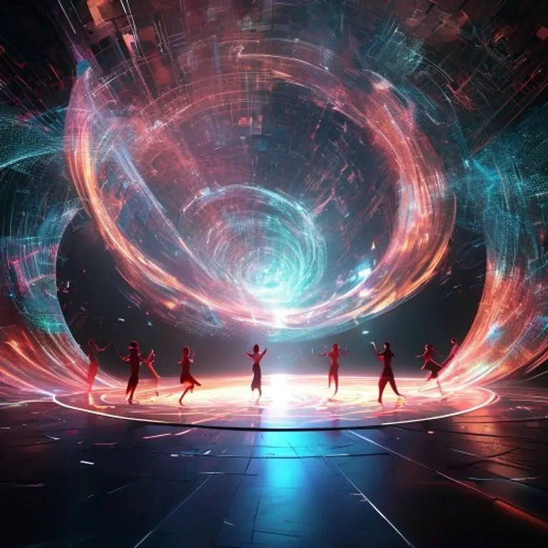Ilustración digital 3D abstracta de un escenario global con proyecciones holográficas y ondas sonoras, simbolizando el alcance cultural de un legado musical.