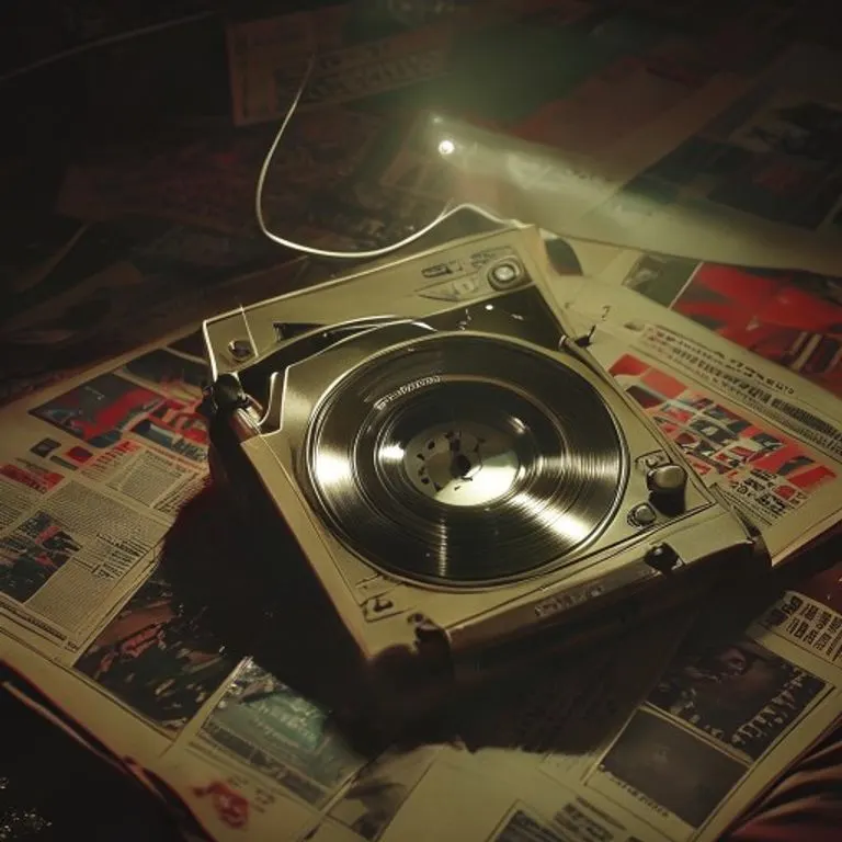 Un tocadiscos vintage reproduciendo un vinilo, con la luz de neón reflejándose en su superficie, simbolizando el impacto mediático y la atmósfera de la época del álbum Bad.