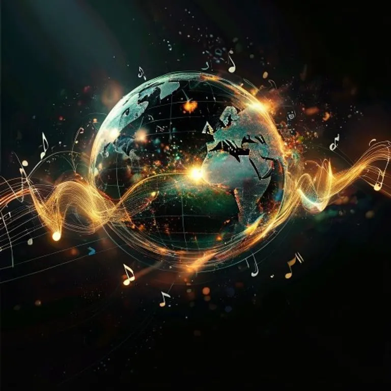 Representación abstracta de ondas sonoras vibrantes que se extienden desde un punto central, simbolizando la influencia global y la innovación artística del álbum Bad.