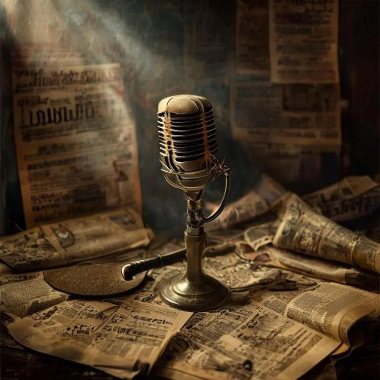 Un micrófono vintage y recortes de prensa sobre un escritorio, simbolizando el impacto mediático de un artista.