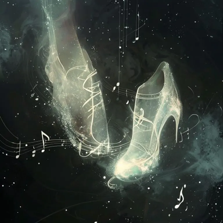 Un par de zapatos de baile luminosos flotando en un espacio oscuro, rodeados de notas musicales abstractas.
